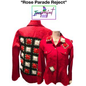 Upcycled Chico's red jacket w/ crocheted roses